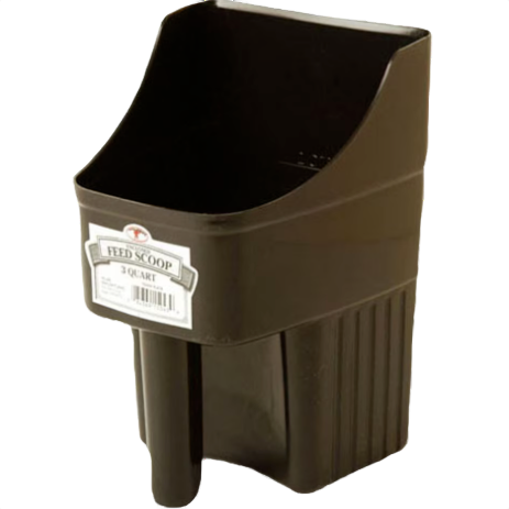 Black durable plastic enclosed feed scoop with a 3-quart capacity for tools and home improvement use