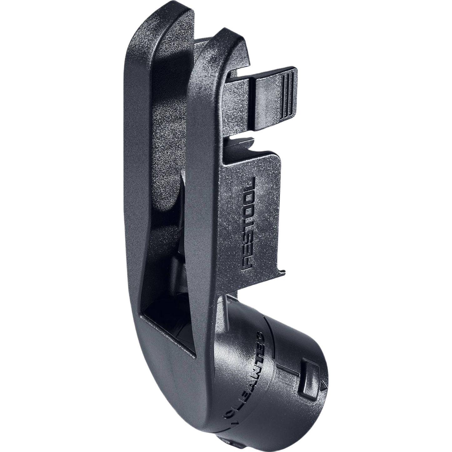 Black plastic dust extraction adapter for power tools designed to improve dust collection in home improvement projects