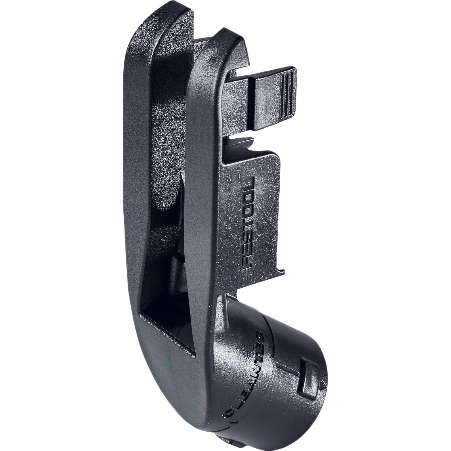 Black plastic dust extraction adapter for power tools designed to improve dust collection in home improvement projects