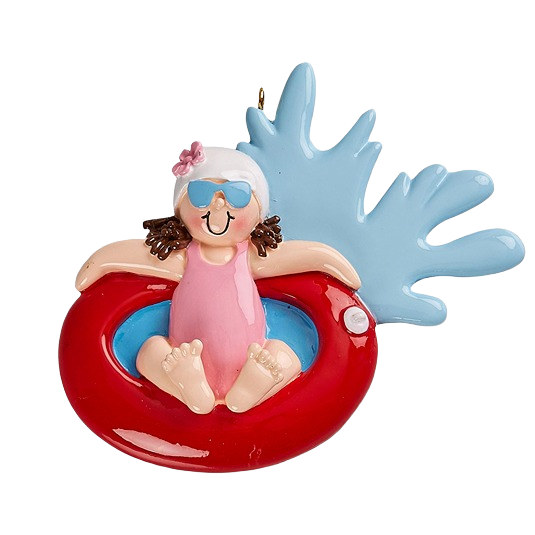 Female figure in pink swimsuit with white swim cap and sunglasses floating on red tubing with splash accent ornament