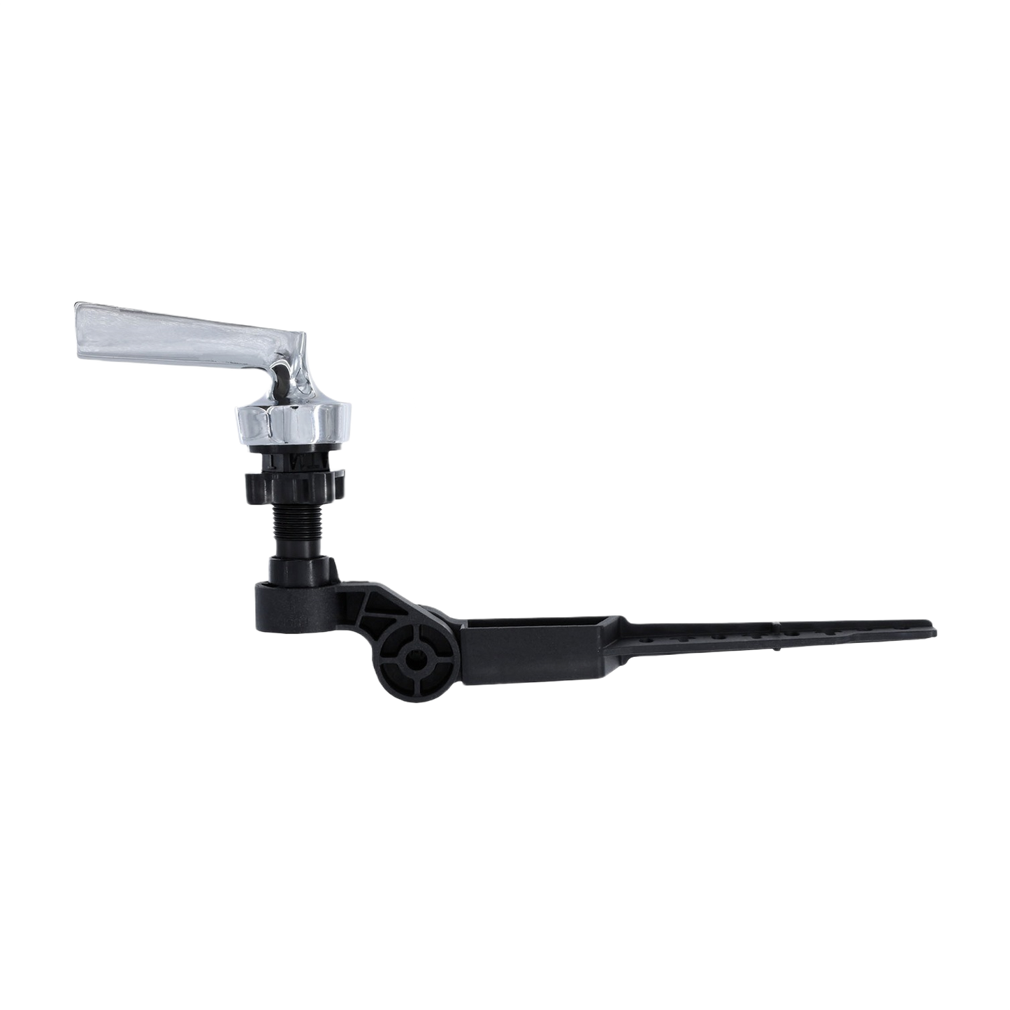 Chrome toilet tank lever replacement handle with black plastic mounting components for plumbing repair and toilet parts