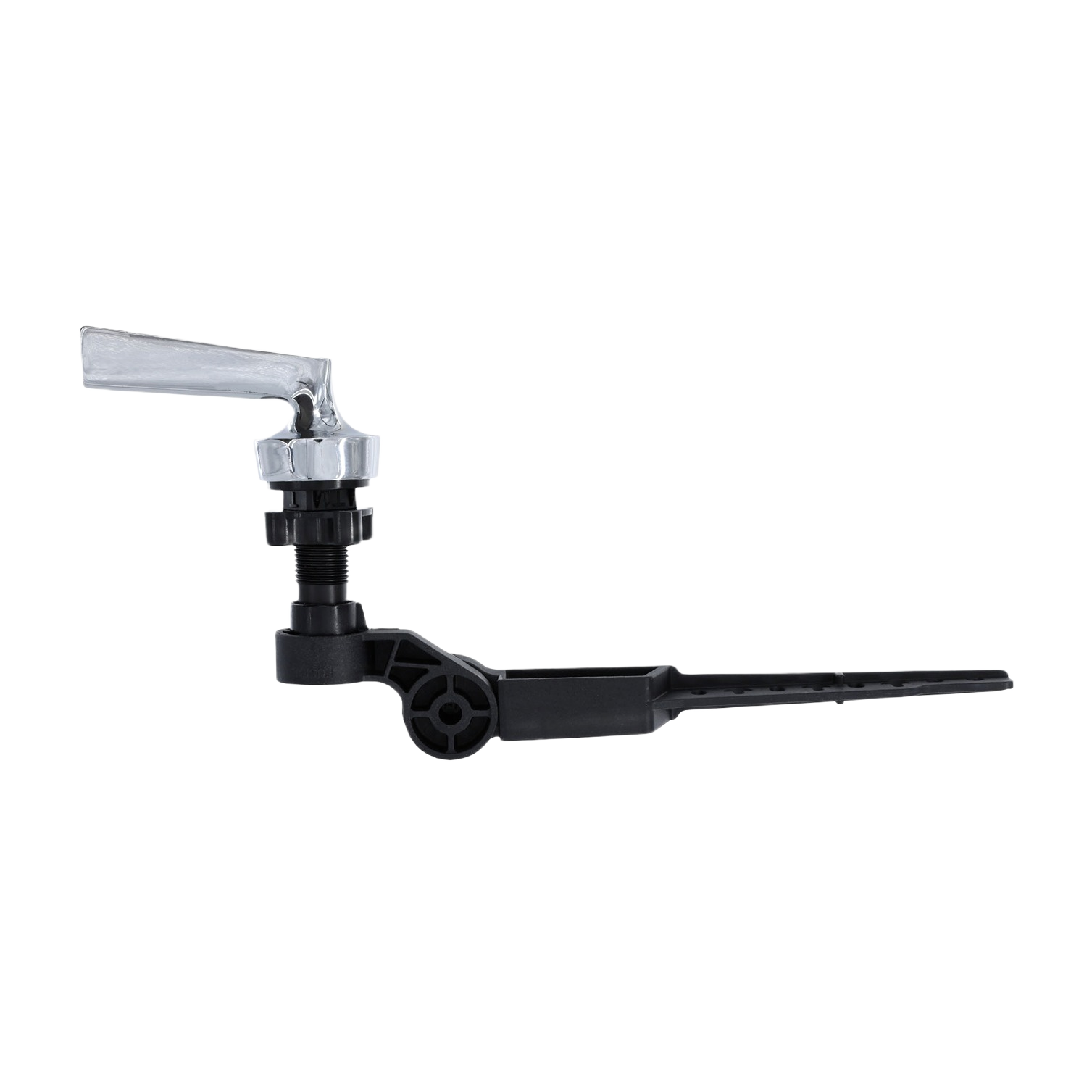 Chrome toilet tank lever replacement handle with black plastic mounting components for plumbing repair and toilet parts