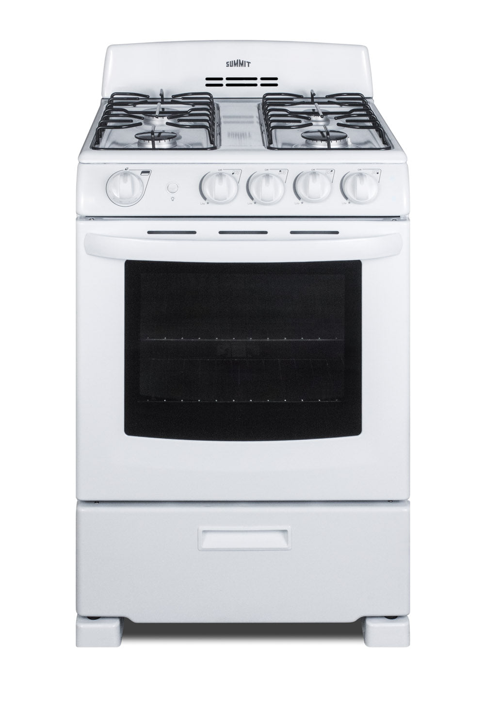 compact white gas range with four burners, oven window, and control knobs in Appliances collection
