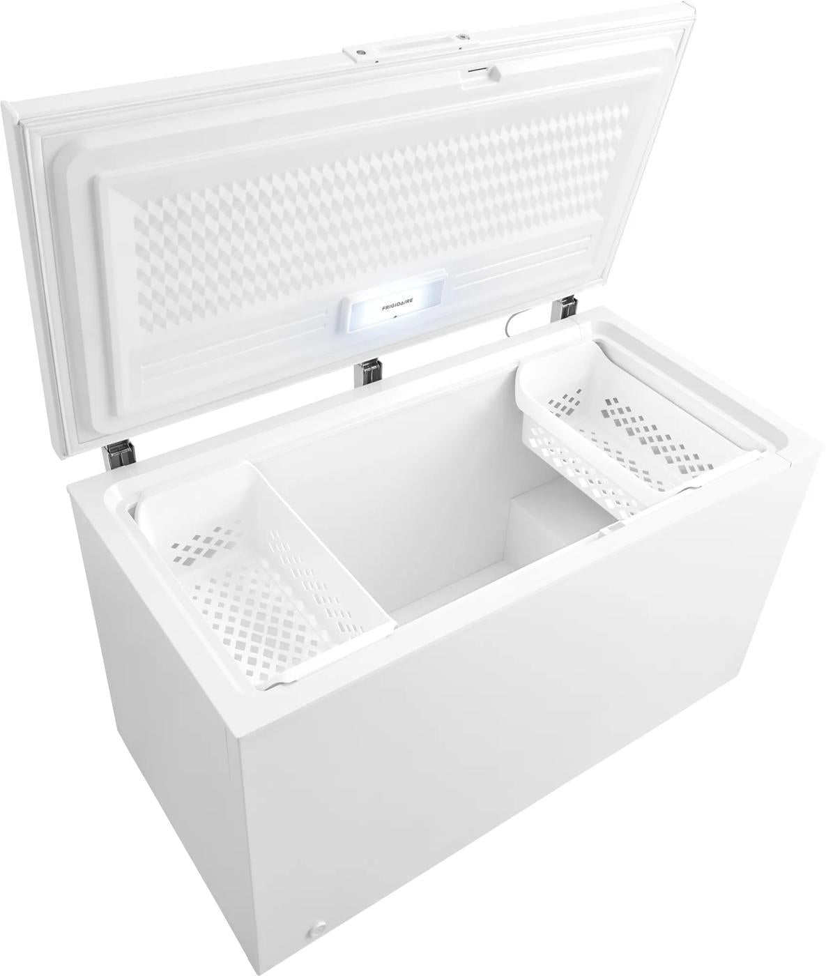 White chest freezer with open lid and two removable baskets for organized storage in kitchen and appliances collections