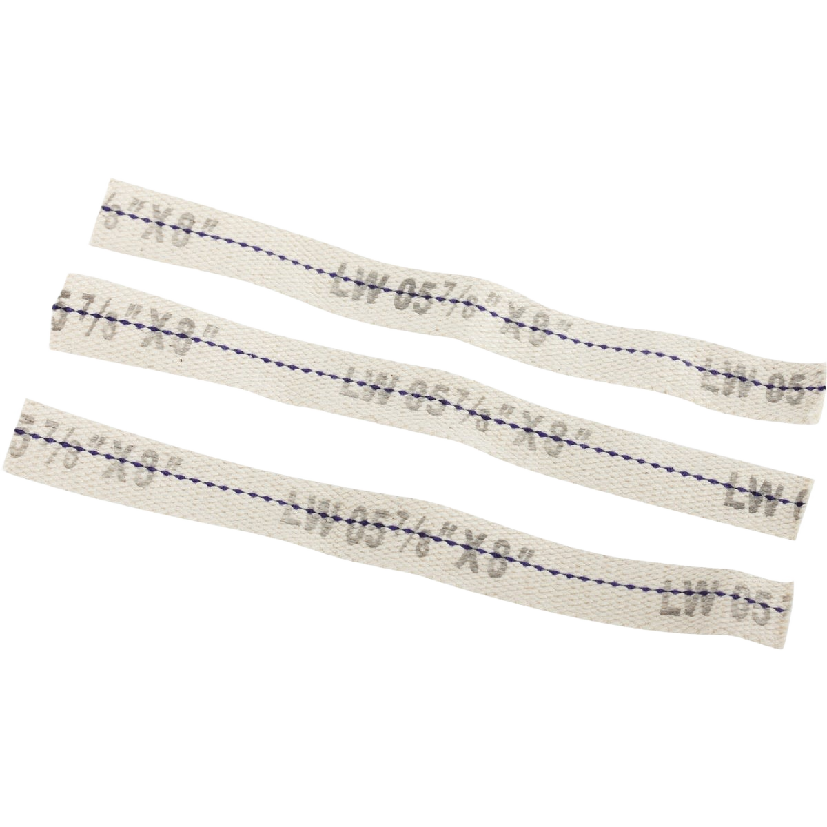 Three flat cotton lamp wicks with printed measurements, suitable for lighting and home decor uses