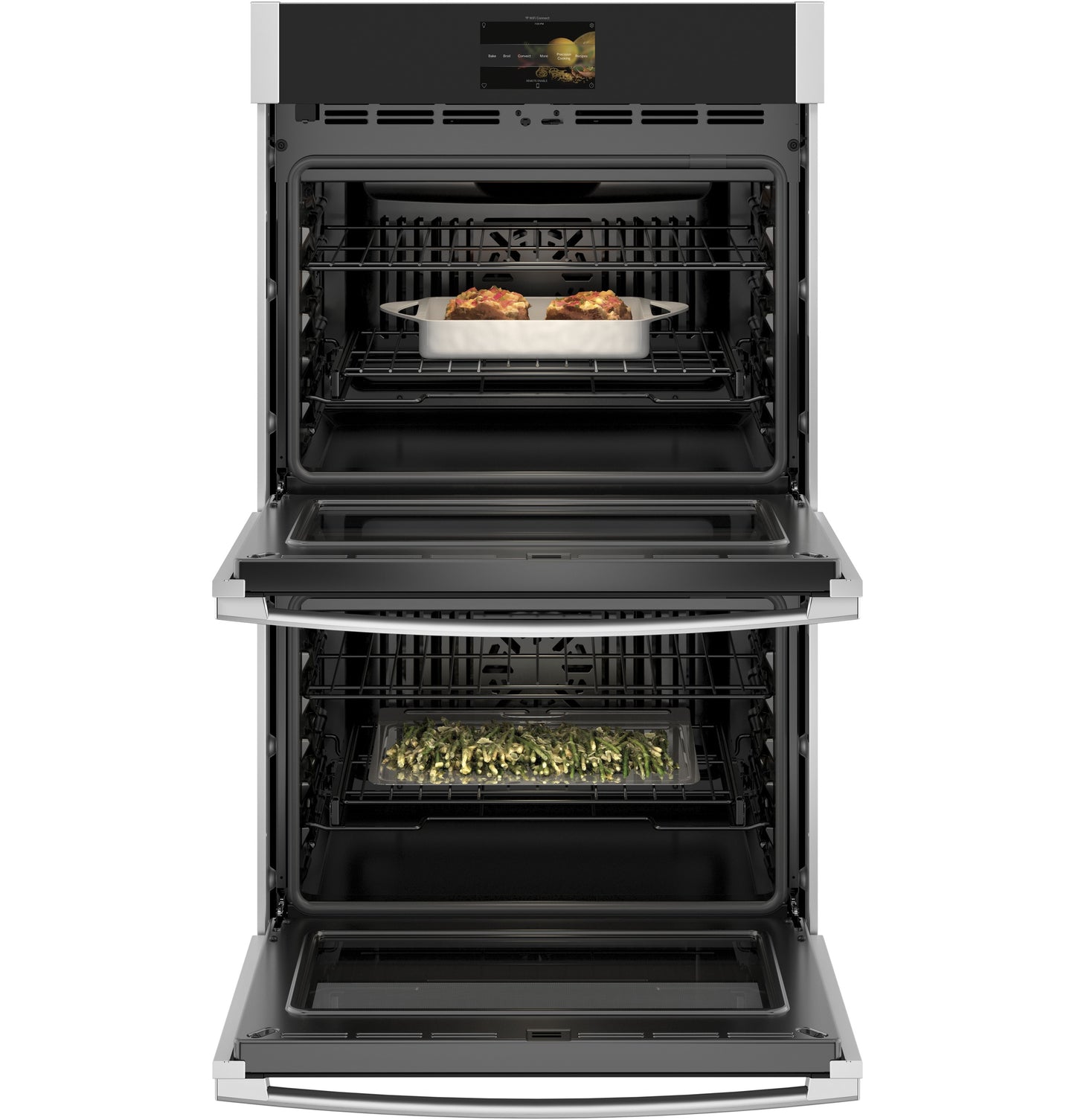 Built-in stainless steel convection double oven with digital display and cookware inside from kitchen appliances collection