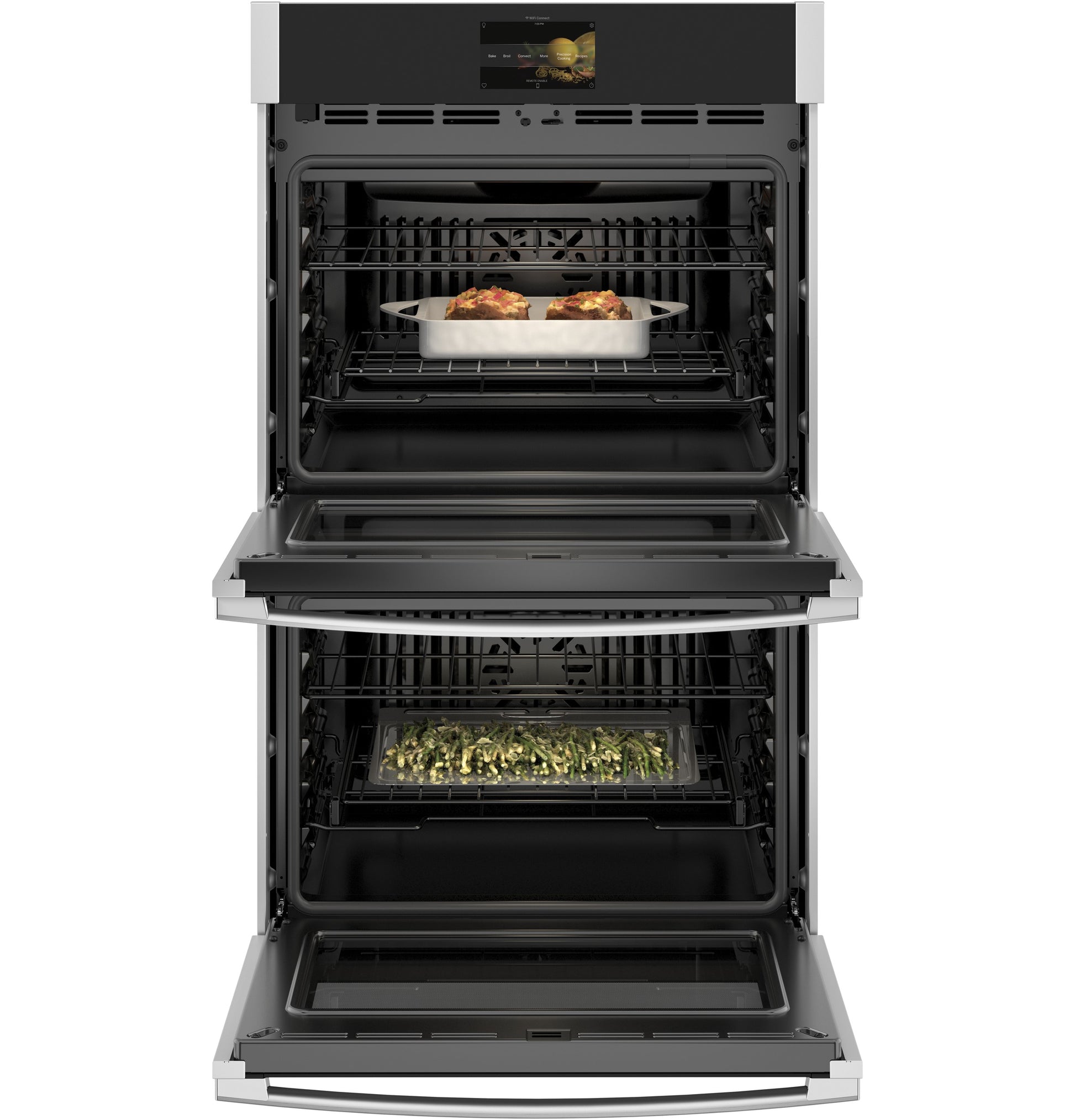 Built-in stainless steel convection double oven with digital display and cookware inside from kitchen appliances collection