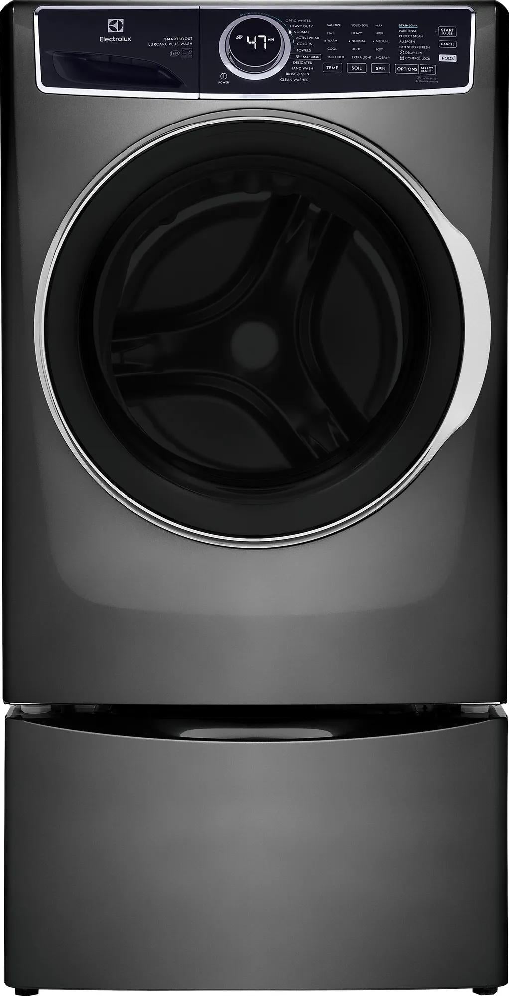 Dark gray front load washer with digital display and large circular door from front load washers and appliances collection