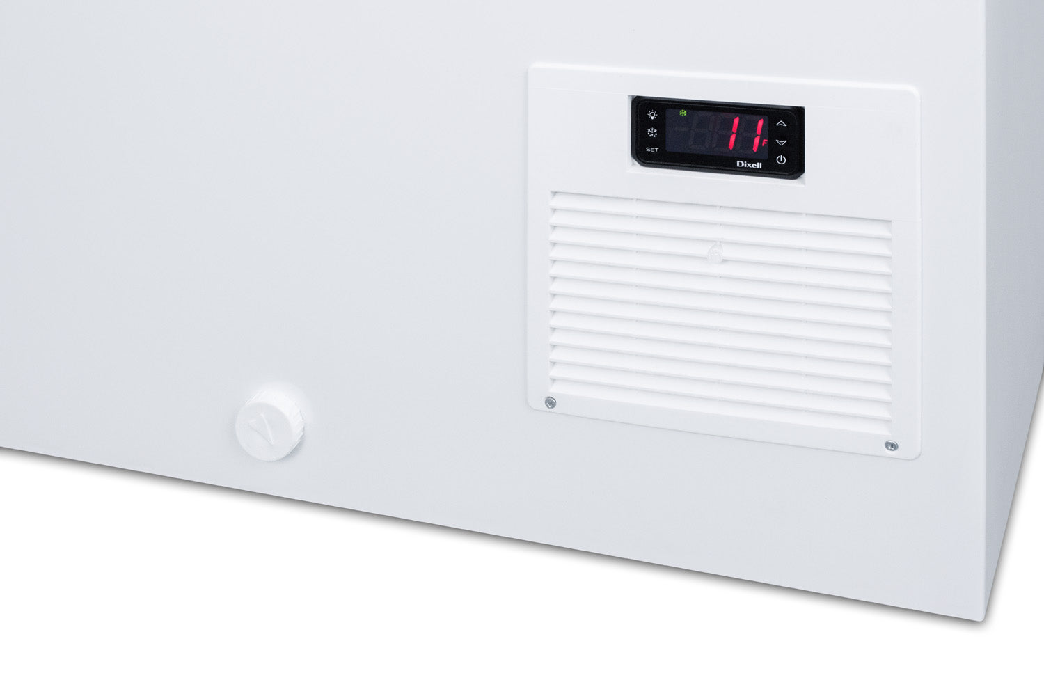 Close-up of digital temperature control and ventilation panel on white commercial dipping cabinet in Freezers collection
