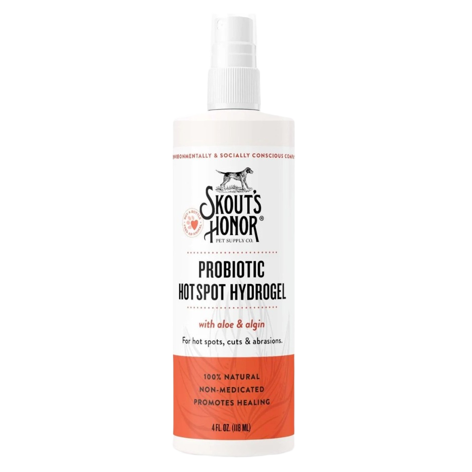 White and orange spray bottle of probiotic hydrogel with aloe for pet hot spots, cuts, and abrasions care