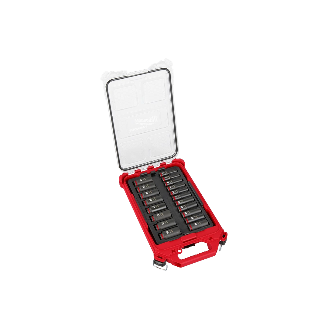 Red compact storage case with organized impact duty sockets for professional and home tool use