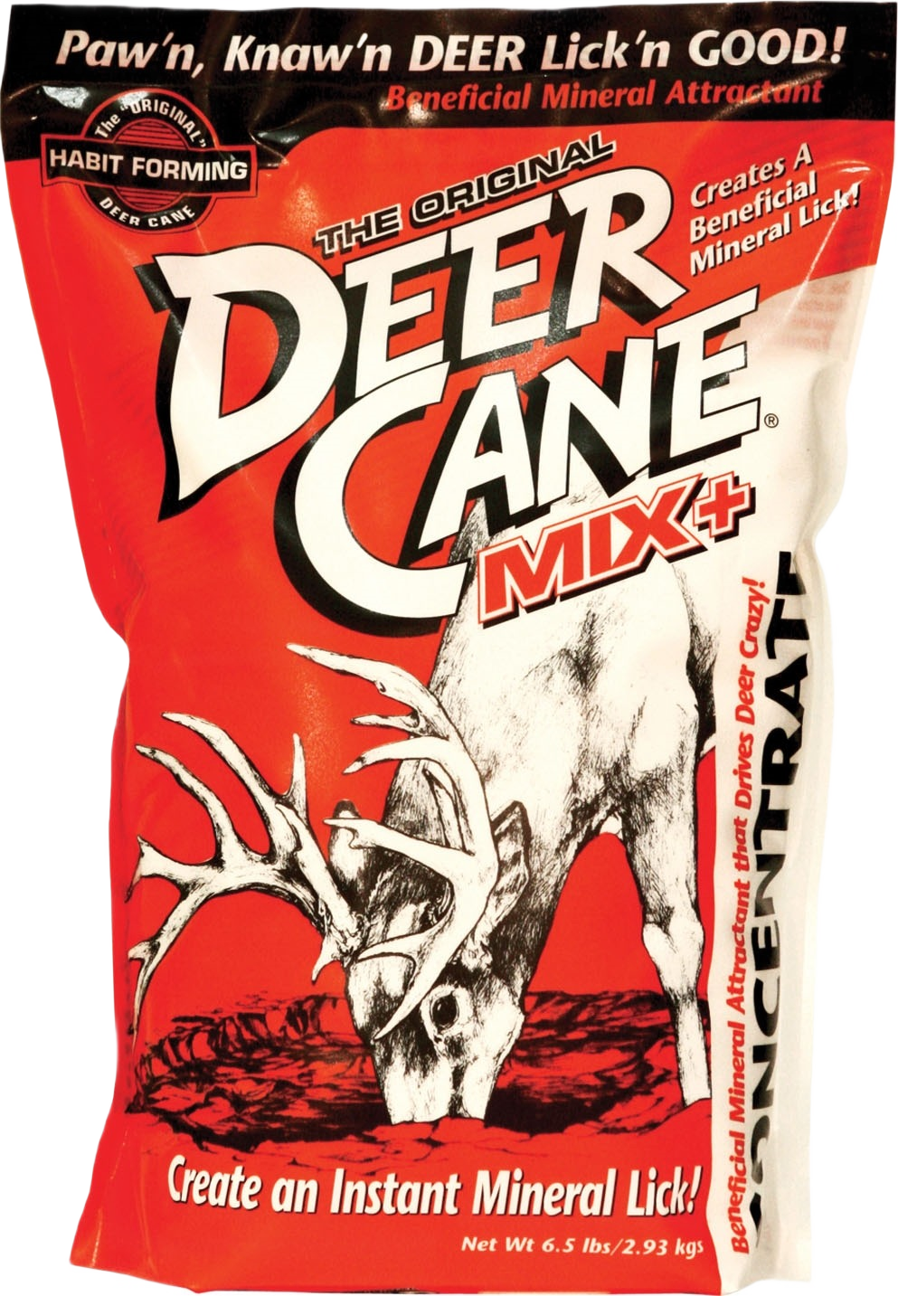 Red and white package of Original Deer Cane Mix with deer illustration and text promoting mineral attractant benefits