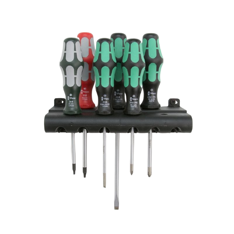 Set of ergonomic screwdrivers with green and red handles in a black rack for tools and home improvement tasks
