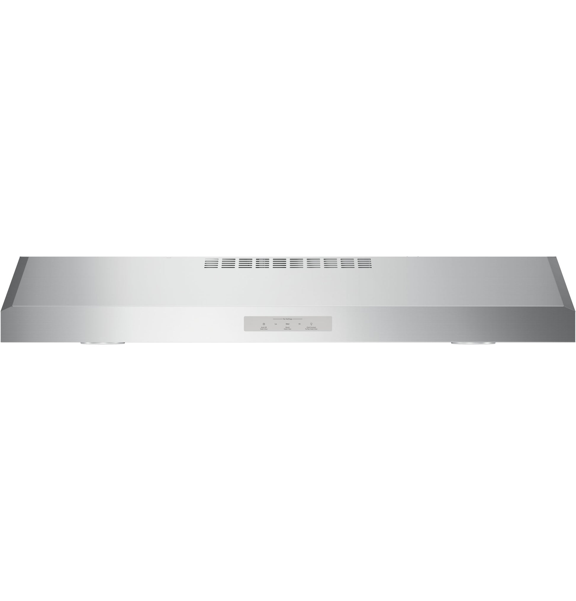 Under cabinet stainless steel hood with ventilation vents and control panel in kitchen appliances and range hoods collection