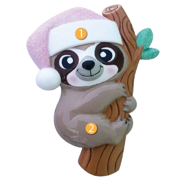 Adorable pink baby sloth wearing Santa hat clinging to branch for Christmas Ornaments & Tree Decorations under $50 collection