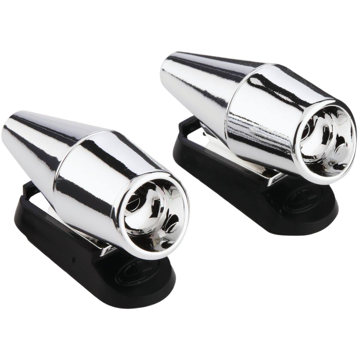 Pair of chrome deer alert horns with black mounting clips for outdoor safety and home improvement use