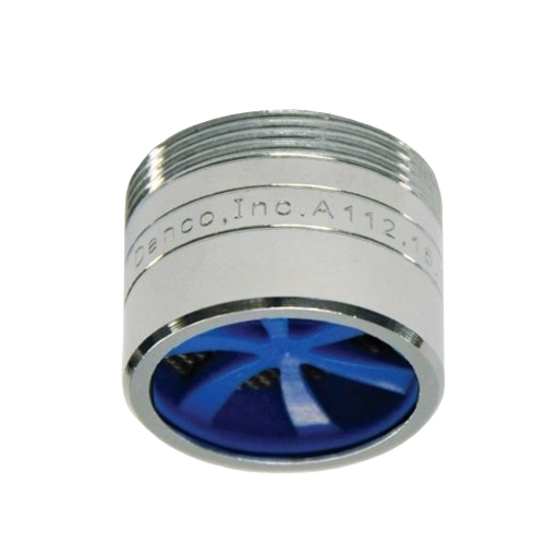 Chrome water-saving faucet aerator with blue internal turbine for plumbing repair and home improvement.