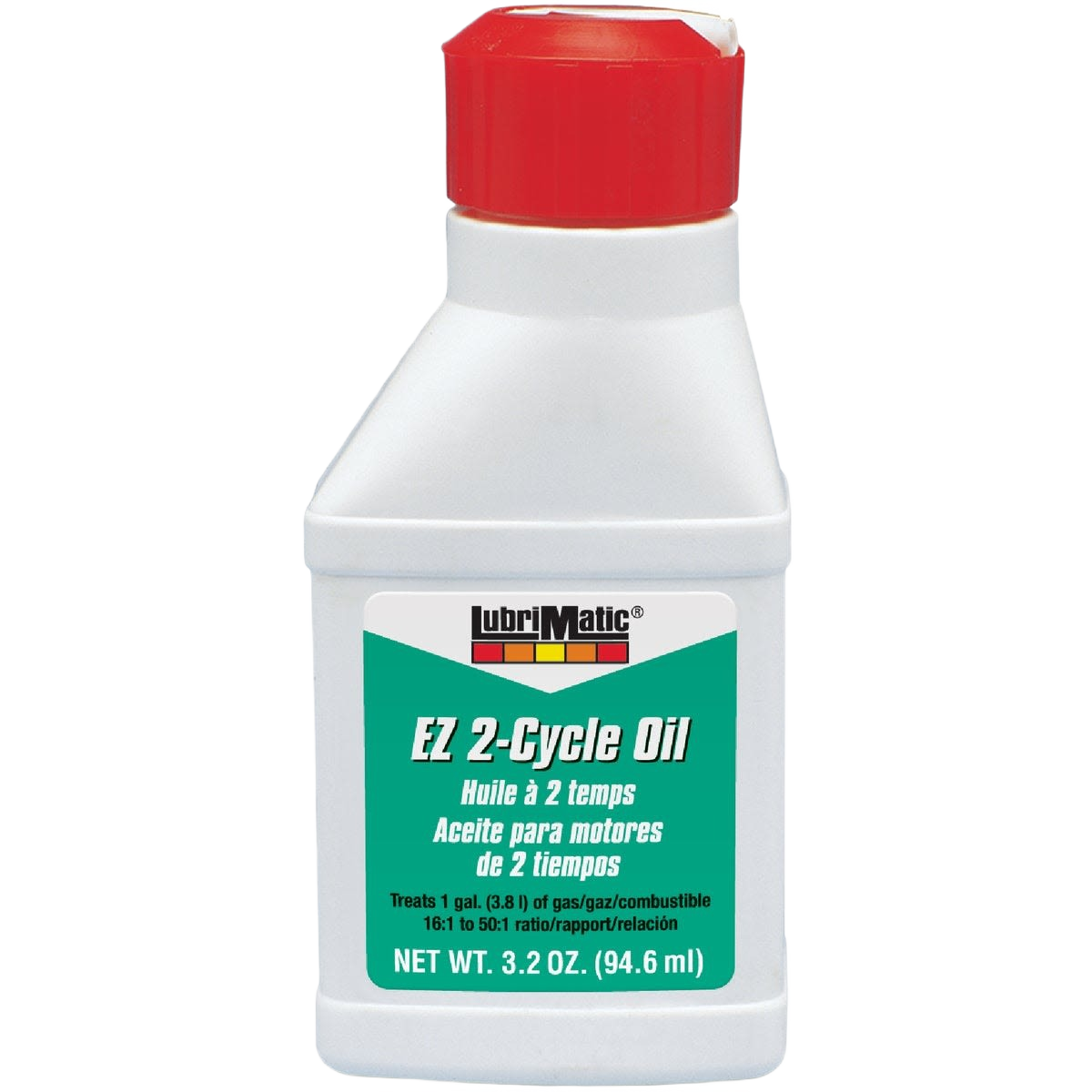 Small white plastic bottle with red cap containing Lubrimatic 2-cycle oil for parts and lubricants under $50 collection