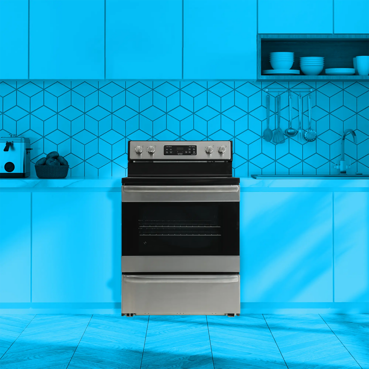 Stainless steel 30-inch electric range with digital controls and large oven in kitchen and appliances collection