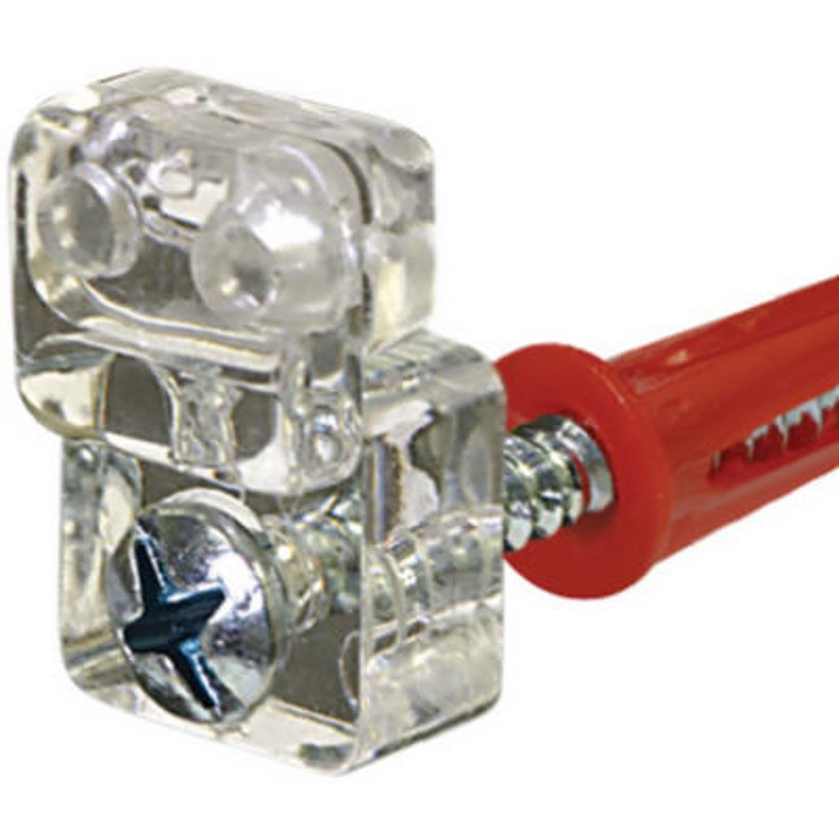 Clear plastic adjustable mirror holder bracket with metal screw and red wall anchor for home improvement projects