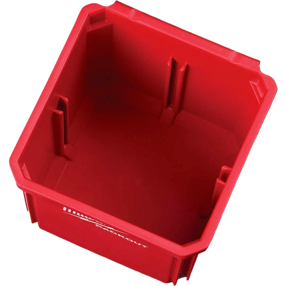 Red plastic storage bin designed for Milwaukee PACKOUT™ system in tool storage and workshop organization collections