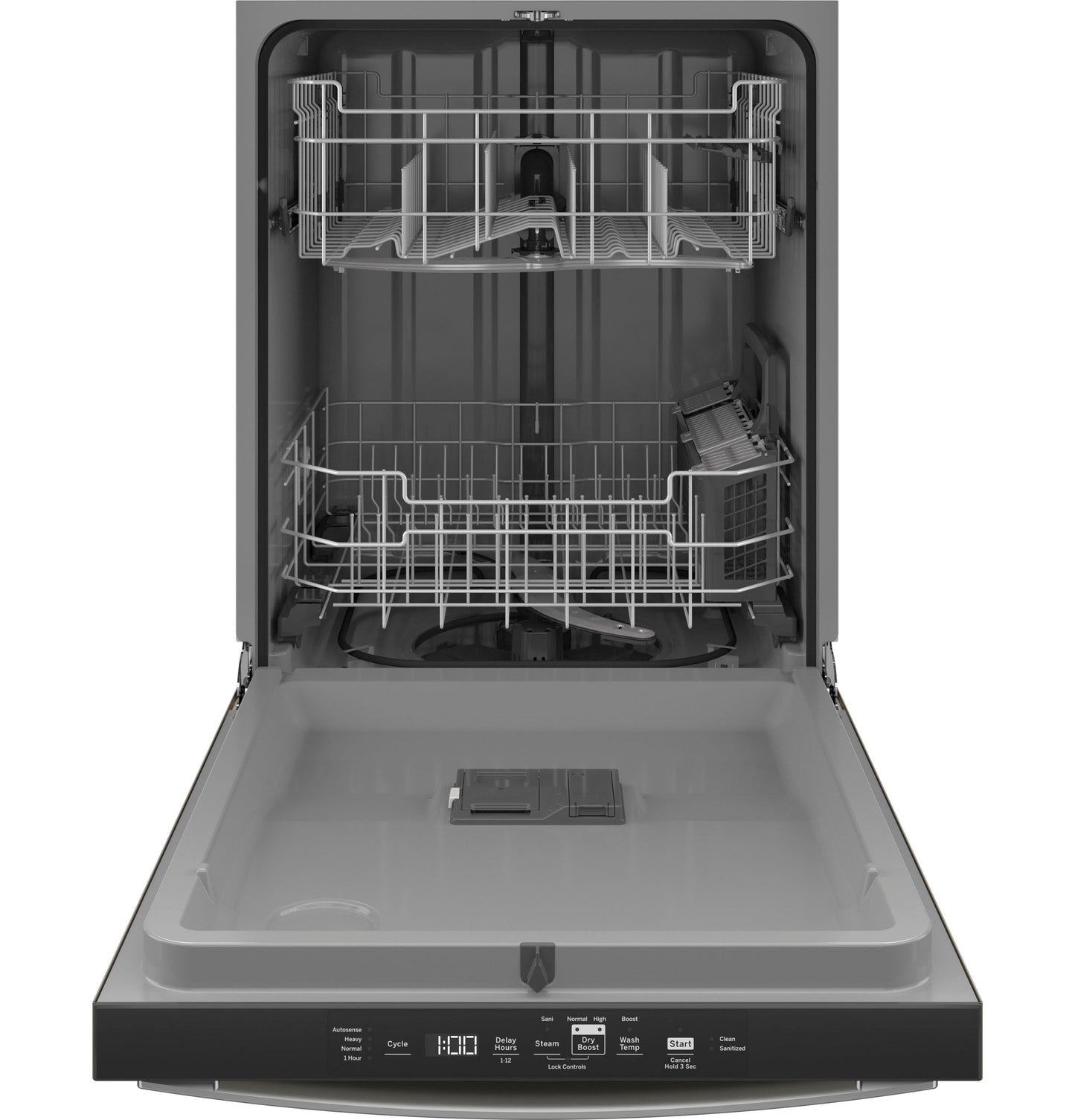 Open top control dishwasher interior with upper and lower racks and control panel in appliances and kitchenware collection