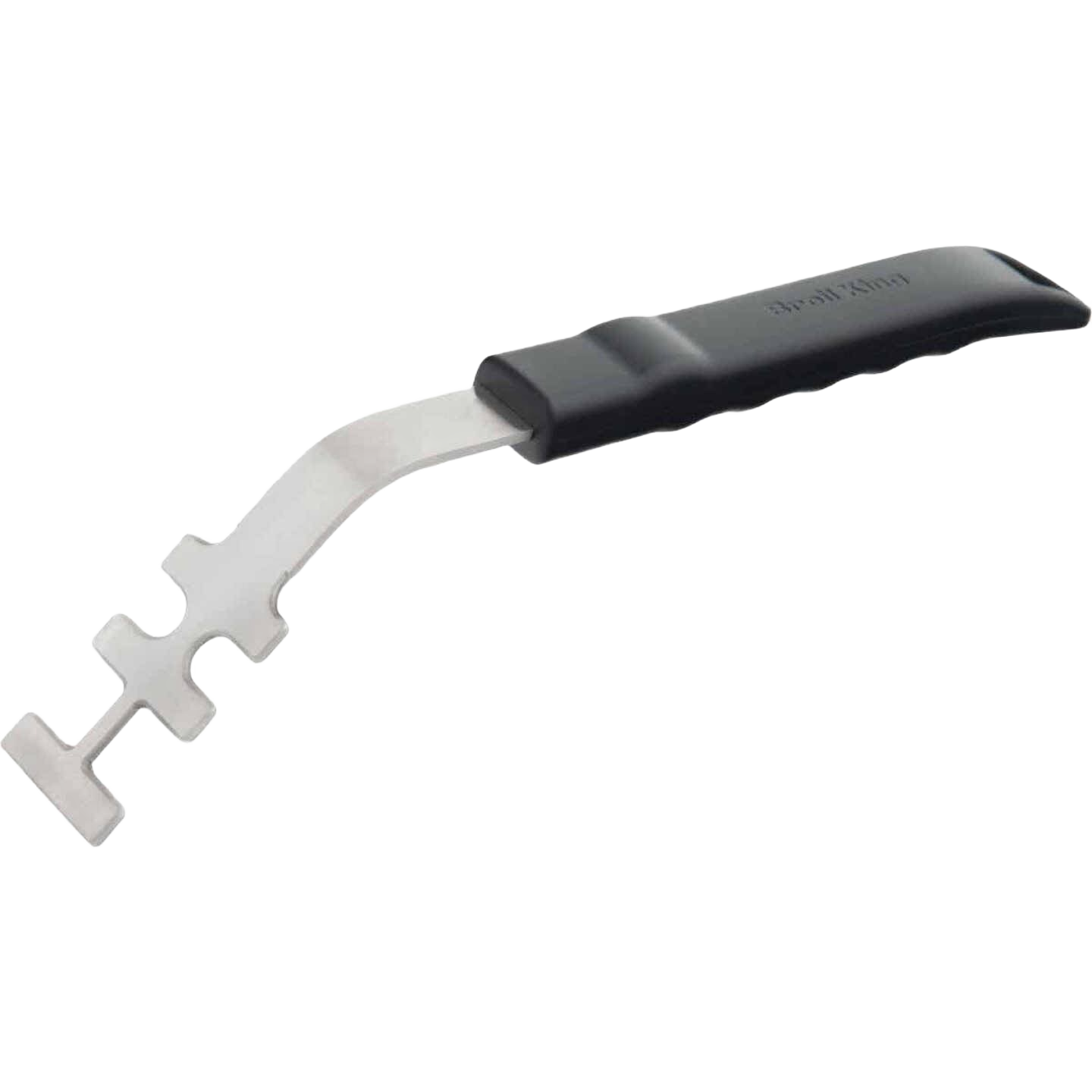 Stainless steel grill grid lifter with black handle for easy removal of cooking grids in outdoor grilling accessories.