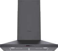 Black stainless steel wall hood with pyramid chimney design and dimmable halogen lighting from Bosch range hoods collection