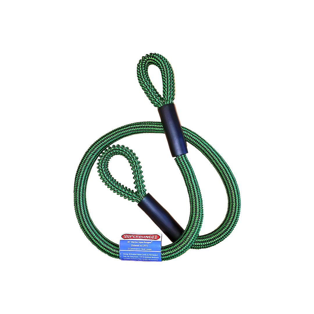Green marine cord with looped ends for tie-downs and cargo securing in automotive and hardware tool collections