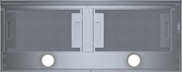 Stainless steel pull-out range hood with mesh filters, integrated blower, and dual halogen lights from Bosch appliances collection