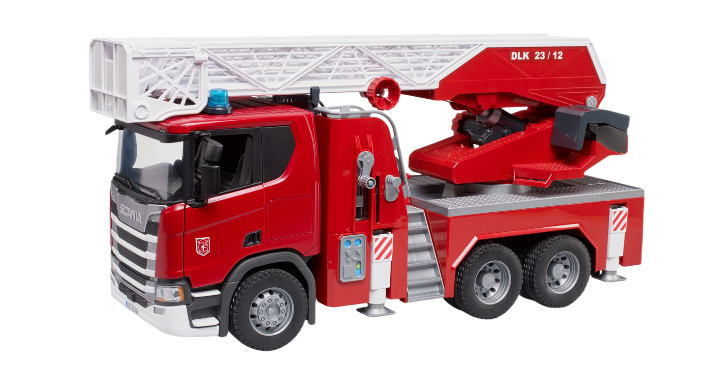 Detailed red Bruder fire engine toy with extendable ladder and water pump from Vehicles & Remote Controlled Toys collection