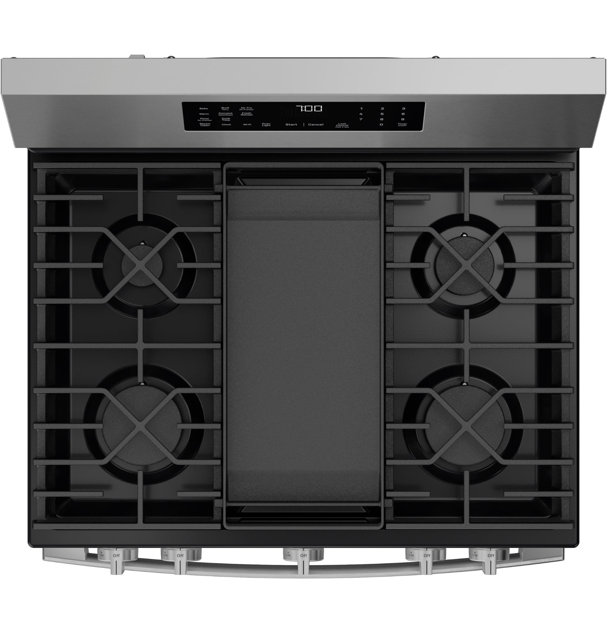 Top view of a stainless steel free-standing gas range with four burners, grates, and digital control panel in Ranges collection