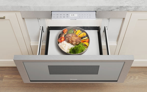 Stainless steel microwave drawer open with plated meal inside in Microwave Drawers and Kitchen & Kitchenware collections