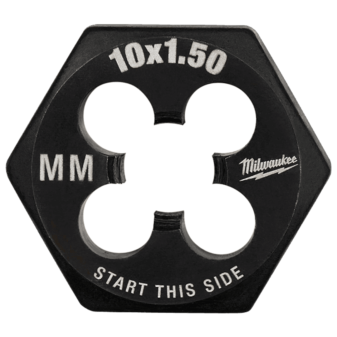 Black hex threading die with metric sizing 10x1.50 mm for precise external thread cutting in tool accessories category