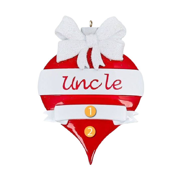 Red and white teardrop ornament with white glitter bow and personalized "Uncle" script for Christmas tree decor under $50 collection