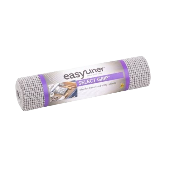 Light grey grip shelf liner roll designed for kitchenware and storage organization in drawers and cabinets