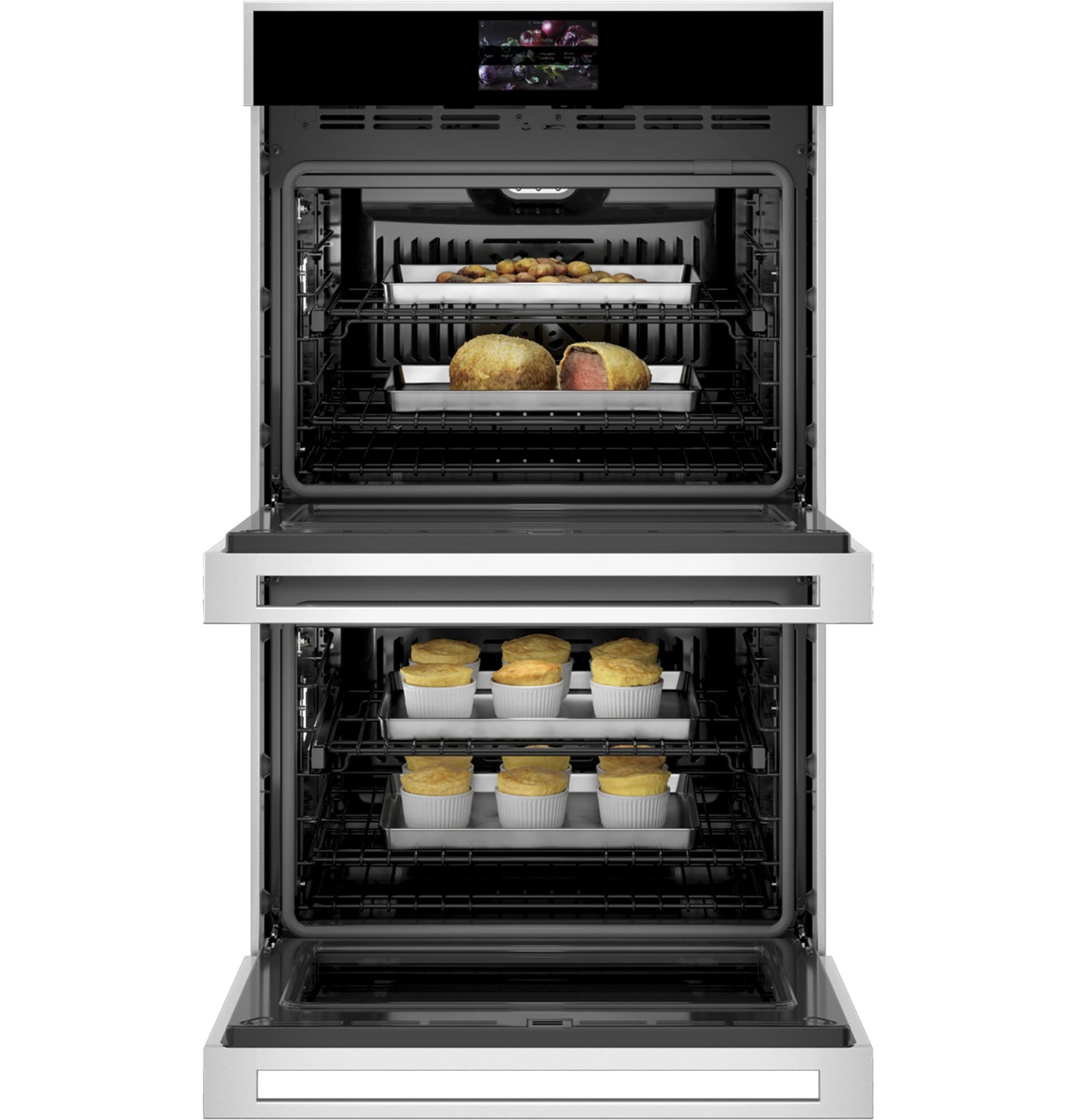 Open minimalist double wall oven with baked dishes inside for kitchen and appliances collection
