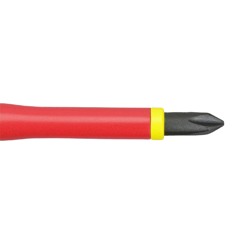Red insulated screwdriver tip with yellow collar designed for home improvement and safe electrical tool use