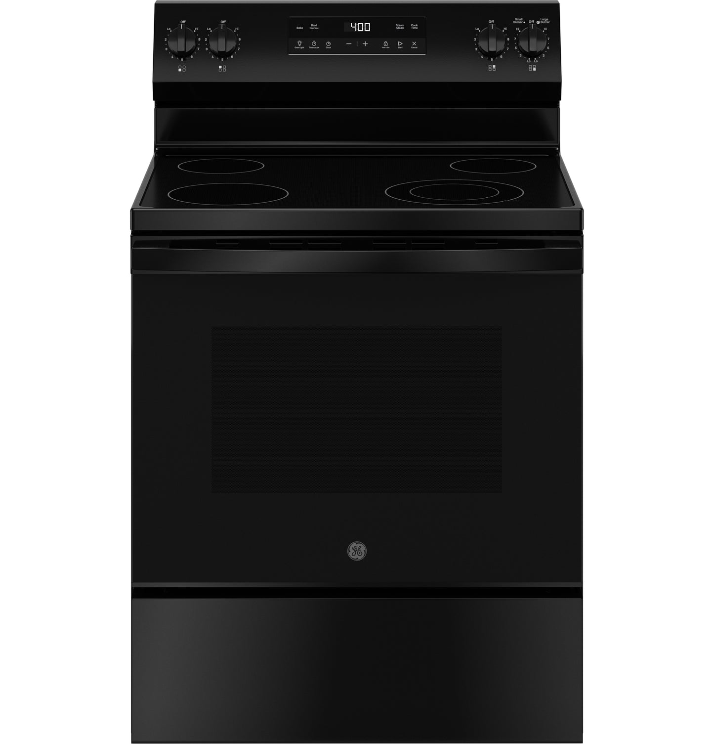 Black free-standing electric range with four radiant burners and digital control panel in kitchen appliances collection