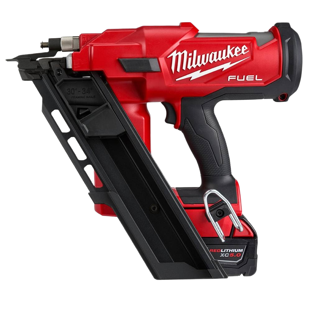 Red and black cordless framing nailer with ergonomic grip designed for professional tools and home improvement tasks