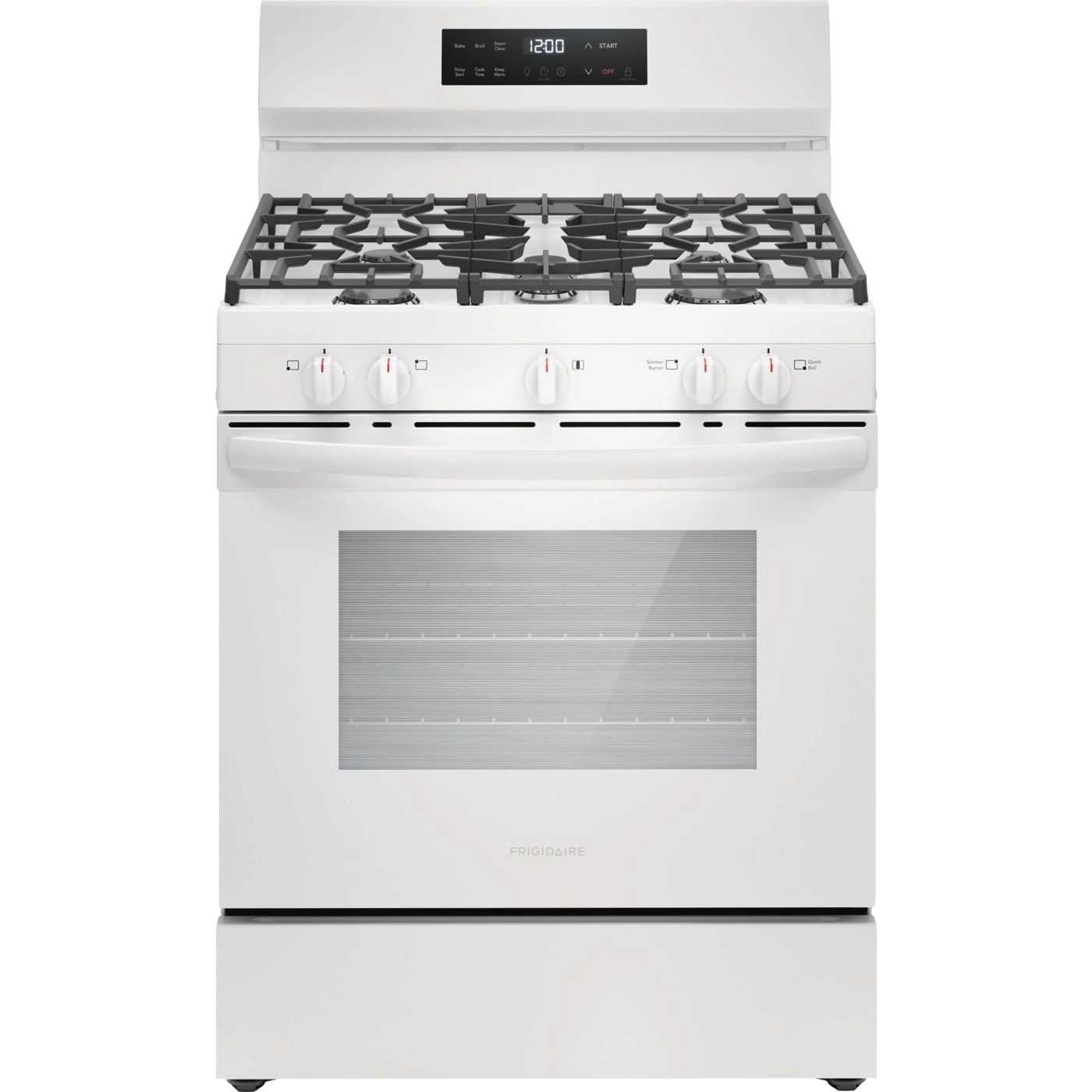 White 30-inch gas range with five burners, digital control panel, and large oven window from kitchen appliances collection