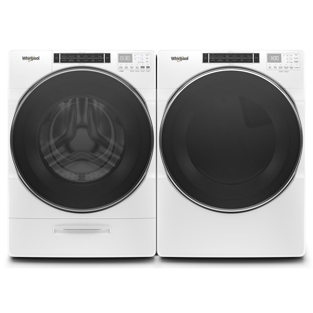 Front load washer and dryer pair in white with digital displays and modern controls for efficient laundry care