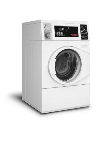 White front load washer with coin-operated digital quantum controls, built for durability in front load washers and washers & dryers collections.