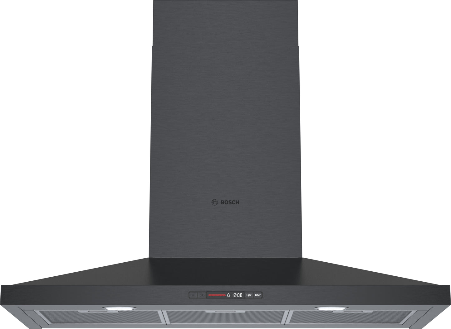 Black stainless steel wall hood with pyramid chimney and digital display from Bosch range hoods collection at Hartville Hardware