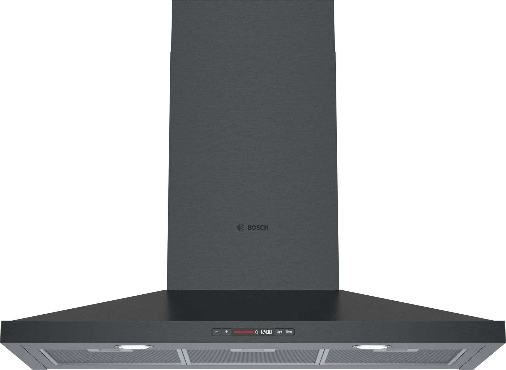 Black stainless steel wall hood with pyramid chimney and digital display from Bosch range hoods collection at Hartville Hardware