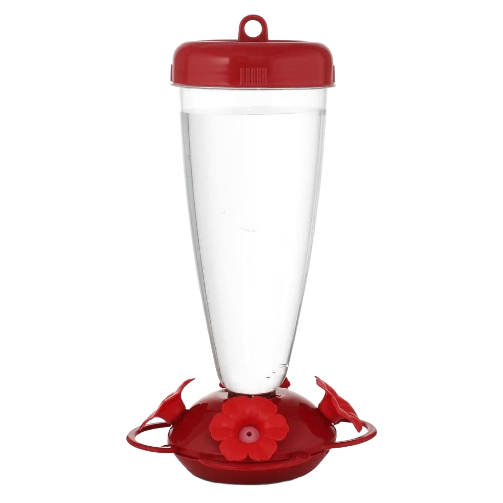 Clear plastic top-fill hummingbird feeder with red petunia-shaped feeding ports and hanging loop for outdoor use