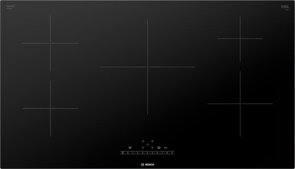 Black frameless induction cooktop with five cooking zones and touch controls from Bosch kitchen appliances collection