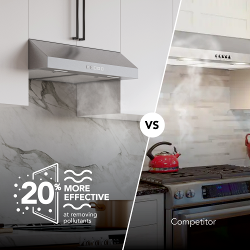 Stainless steel under cabinet range hood installed in modern kitchen comparing ventilation effectiveness with competitor model