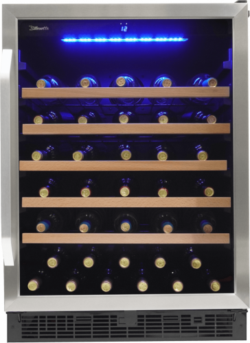 Stainless steel wine cellar with glass door, wood shelves, and blue interior lighting in kitchen appliances collection