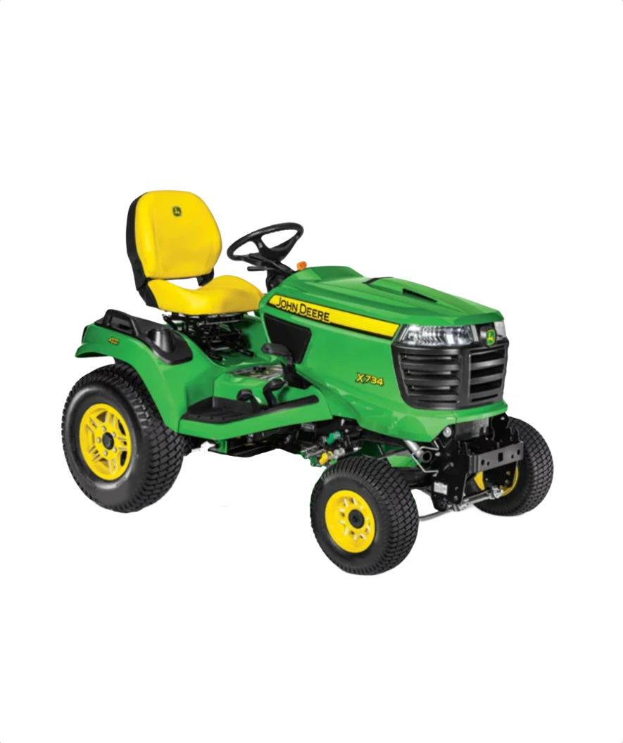 Green and yellow riding lawn mower from John Deere with comfortable seat and durable tires for outdoor power equipment use